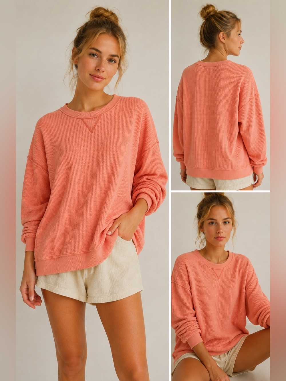 Aerie Waffle Knit Crewneck Sweatshirt Pink Oversized Pullover Large Cozy Lounge